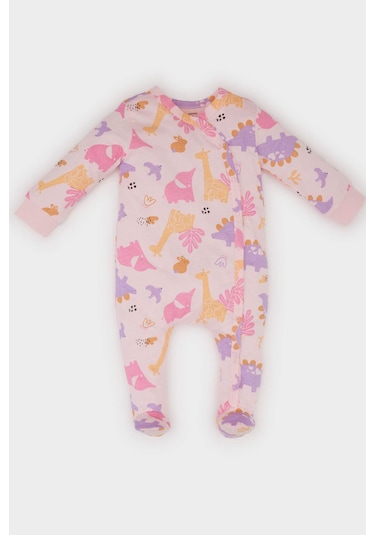 DeFacto Kız Bebek Yenidoğan Dinazor Desenli Ayaklı Uzun Kollu Penye Tulum E6045A5NSPN99 Pembe