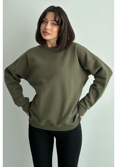 Kadın Haki Bisiklet Yaka Oversize Sweatshirt Haki