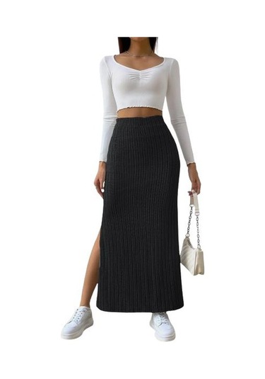 Kadın Nervürlü Örme Etek Yüksek Elastik Bel Yırtmaç Retro Uzun Etek Siyah