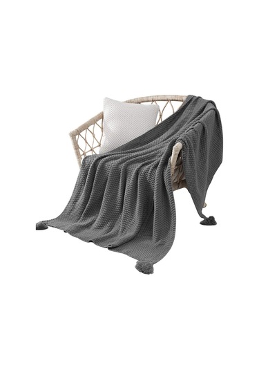 Kalın Örme Battaniye, Süper Yumuşak, Rahat, Tüylü, Sıcak, Dekoratif Püsküllü Açık Gri Battaniye Diğer