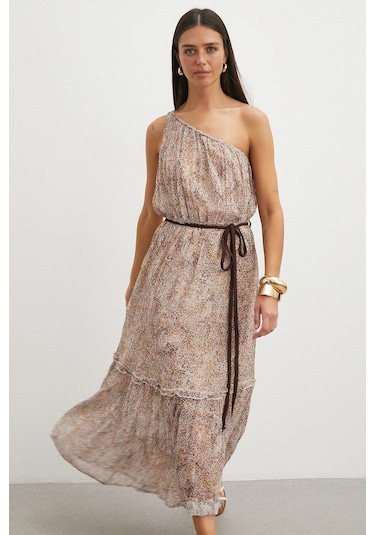 Uterpe One Shoulder Tiered Dress Pembe