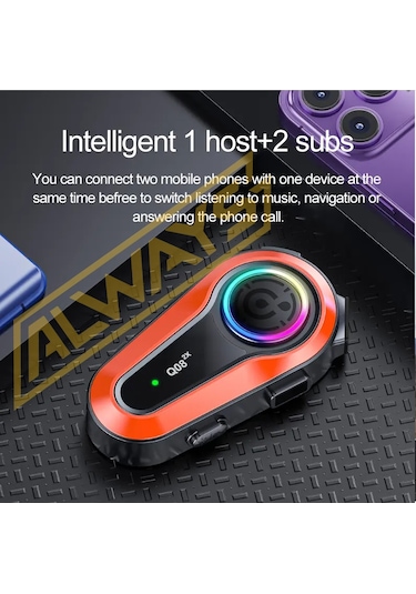 Q08 2x 1000m Telsiz Mesafeli Özellikli 2 Kişi Bağlantılı Bluetooth Kask Kulaklık Ekranlı Fenerli Mü
