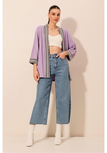Bigdart 5866 Nakışlı Örme Kimono - Lila 001