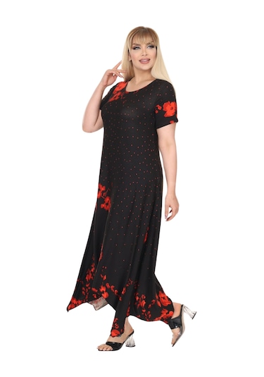 Melsay Butik Kırmızı Puanlı Gelincik Desen Asimetrik Kısa Kollu Elbise Siyah