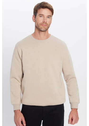 Unisex Oversize Geniş Kesim Pamuklu Yumuşak Dokulu Polarlı Basic Taş Renk Bisiklet Yaka Sweatshirt-23348 Taş