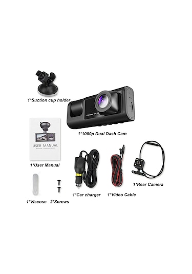 Youtek Üç Kameralı Araba Sürücü Kaydedici: Ön+arka+iç Mekan, 1080p/720p/480p, Sürekli Kayıt, Hareket Algılama, İç Kamerada Gece Görüşü Lambası