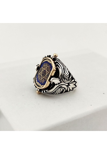 925 Ayar Gümüş Mavi Mineli Çift Taraflı Mührü Süleyman Erkek Yüzük Silver