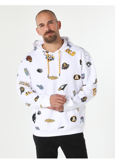 Colin's Regular Fit Baskılı Kapüşonlu Beyaz Erkek Sweatshirt CL1061644_Q1.V1_WHT