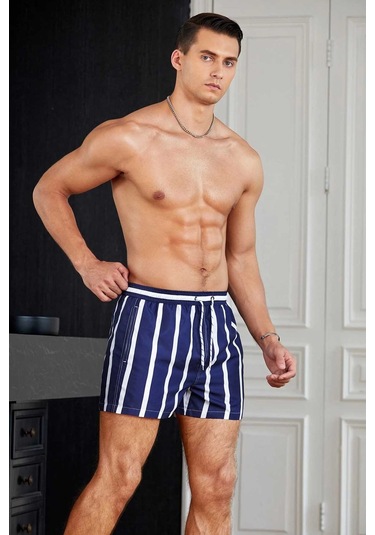 Angelsin Erkek Basic Standart Boy Çizgili Baskılı Mayo Cepli Deniz Şortu Mavi