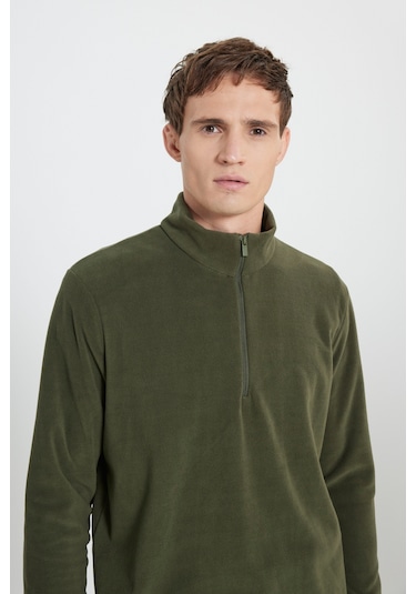 Anti-pilling Tüylenme Yapmayan Standart Fit Bato Yaka Soğuk Geçirmez Sweatshirt Polar Haki