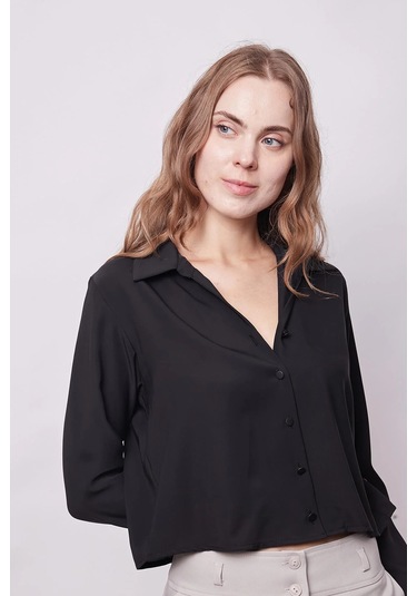 Kadın Likrasız Şık Kumaş Yakalı Uzun Kol Kısa Gömlek-siyah Siyah