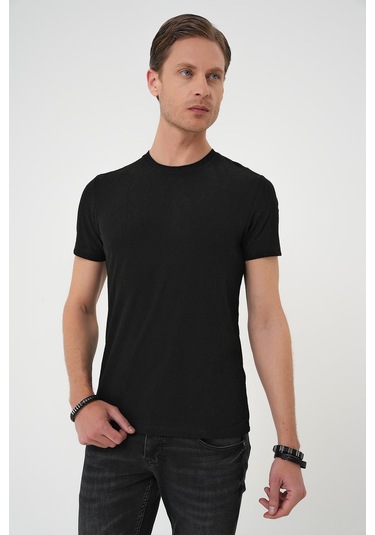 Comfort Fit Bisiklet Yaka Kabartma Desenli Casual Siyah Tişört Ts 899 Siyah