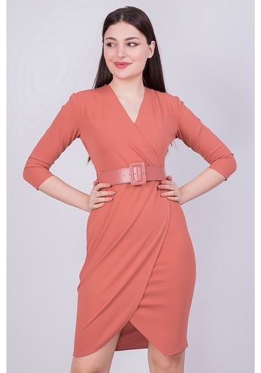 Scuba Krep Kruvaze Yaka Detaylı Kemerli Mevsimlik Midi Boy Elbise 001