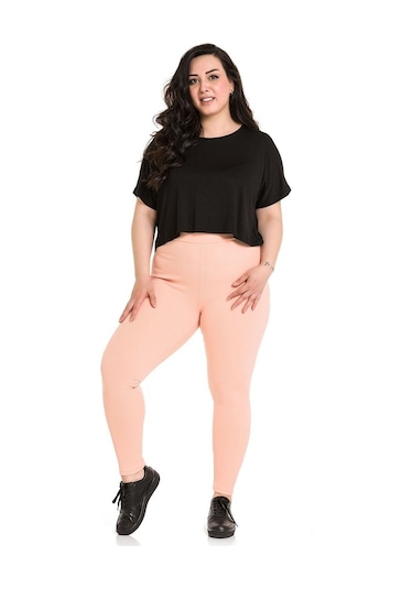 Büyük Beden Fitilli Beli Lastikli Bilekte Somon Bayan Tayt