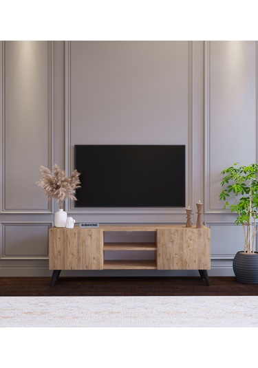 Ahşap Görünümlü Mdf 2 Kapaklı Raflı Tv Ünitesi