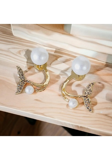 Zarif İnci Detaylı Zirkon Taşlı Altın Kaplama Balık Kuyruğu Tasarım Küpe Günlük, Spor Ve Özel Günler İçin Altın