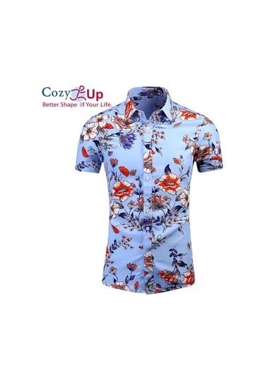 Cozy Up Floral Gömlek Erkek Kısa Kollu Pamuklu Plaj Giyim Günlük Düğmeli Gömlekler Mavi