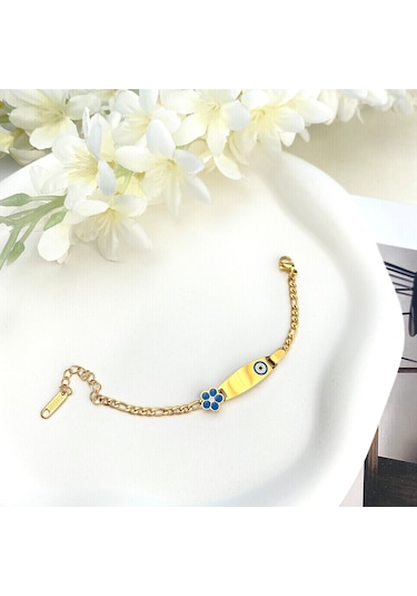 Bebek Bileklik Bebek Hediyelik Künye Mavi Çiçek 316l Paslanmaz Çe Gold