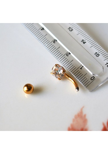 Heppii Cerrahi Çelik Ucu Taşlı Göbek Piercingi Gold Renkli Altın