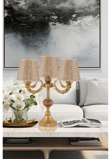 Üçlü Şamdan Masa Lambası Abajur Eskitme Kahverengirattan Hasır Şapkalı Eskitme