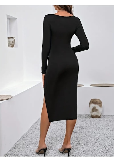 Nnstartshopping Kadın Uzun Kollu Göğüs Ve Göbek Dekolte Detay Sandy Midi Boy Elbise Siyah