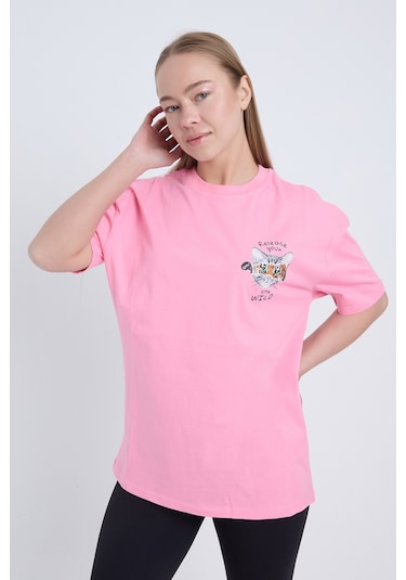 Velvoria Oversize Kadın Release Your Baskılı Pembe Renk T-shirt