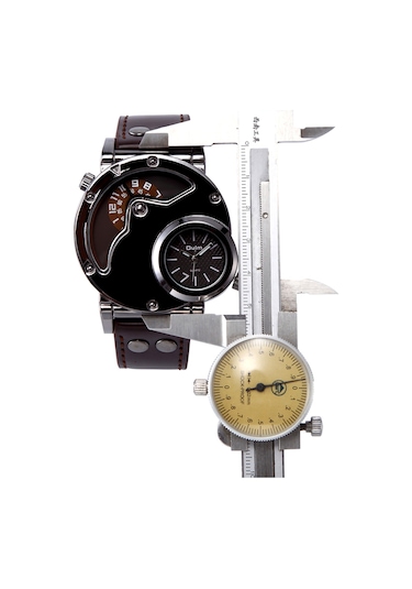 Leezsing Oulm Watch İki Zaman Dilimi Erkek Kuvars Saatler Marka Lüks Deri Kayış Spor Kol Saati İki Hareket Erkek Saat Relogio Masculino Kahve