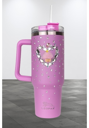 Pipetli 1,2 Litre Kulplu Çelik Termos Renkli Üzeri Taş İşlemeli - Lila Lila