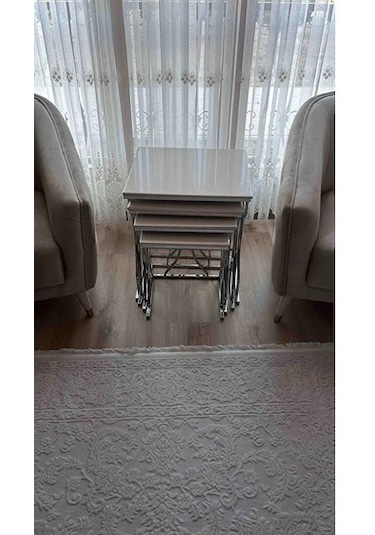 Arden Elite 4'lü Kare Zigon Sehpa Seti Gümüş Krom Ayak, Krem Mdf Beyaz