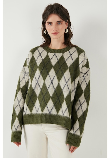 Lela Oversize Fit Bisiklet Yaka Baklava Desenli Yumuşak Dokulu Bayan Kazak 4616223 Haki