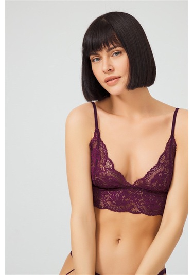 Mürdüm Dantelli Transparan Balensiz Kadın Sütyen Takımı MÜRDÜM