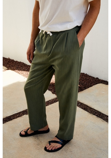 EDVIN Erkek Beli Lastikli Yanları Cepli Keten Karışımlı Relaxed Fit Haki Pantolon EDVIN Erkek Beli Lastikli Yanları Cepli Keten Karışımlı Relaxed Fit Haki Pantolon