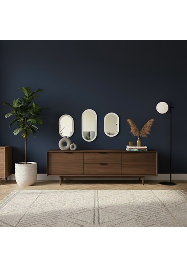 3 Lü Oval Duvar Aynası Beyaz Dekor Oval Ayna -dekoratif Ayna Seti Beyaz