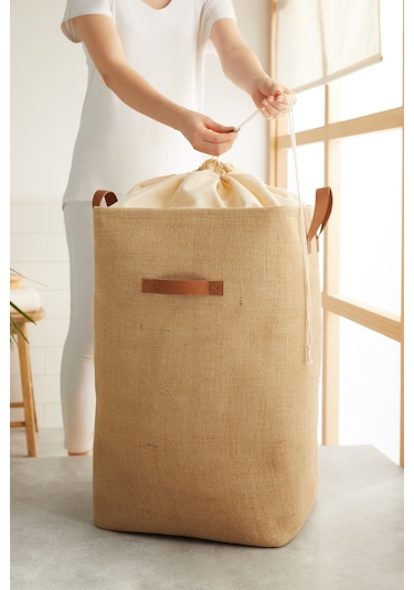 Ocean Home Textile Ağzı Büzgülü Jüt Çamaşır Sepeti 36 x 36 x 57 cm