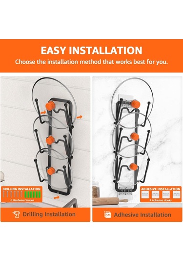 Tenfowee Çiftli Tencere Kapak Rafı, Duvar/cabinet Montajlı, Çelik Malzeme, Suya Dayanıklı, Mutfakta Yer Tasarrufu Sağlar Siyah