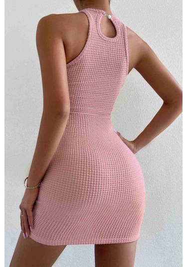 Merry See Vücuda Oturan Diz Üstü Mini Örme Elbise Pembe 001