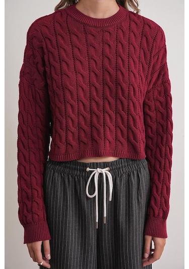 6863 Kadın Saç Örgülü Crop Triko Kazak Bordo Bordo