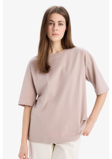 DeFacto Oversize Geniş Kalıp Bisiklet Yaka Basic Düz Penye Kısa Kollu Tişört C0099AX25SPBG130