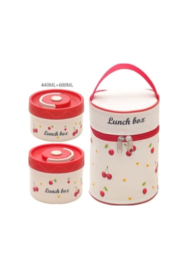 Skycity 1050ml Çelik Isı Saklama Yemek Kutusu, Çift Katlı Öğrenci Bento, Kiraz Desenli, Isı Saklama Çantası Ve Besteği İle Beyaz - Kırmızı