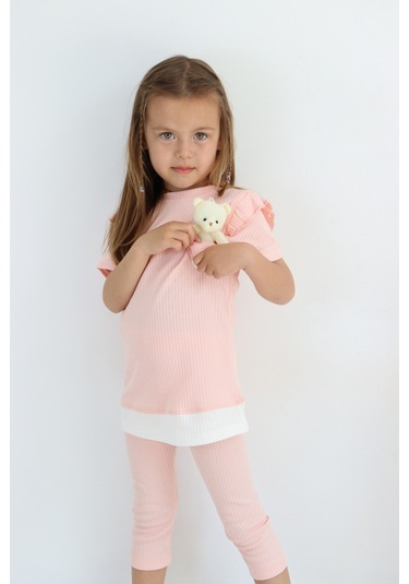 Kız Çocuk Ayıcık Oyuncaklı Kaprili Yazlık Basic Takım 2-5 Yaş Somon