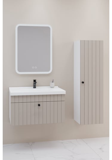 Alice 80 Cm Banyo Dolabı Cmr Led Aynalı Krem - Boy Dolap Dahil Krem