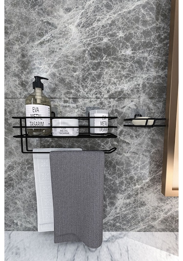Corelle Kitchen Yapışkanlı Banyo Rafı Kağıt Havlu Tutacağı Ve Metal Sabunluk Set Düzenleyici Siyah