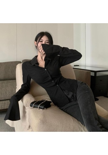 Kadın Seksi Bel Büzgülü Gömlek Bol Uzun Kollu Bayan Düz Renk Gömlekler Üst Düzey Slim Fit Şık Askılı Bluzlar Siyah