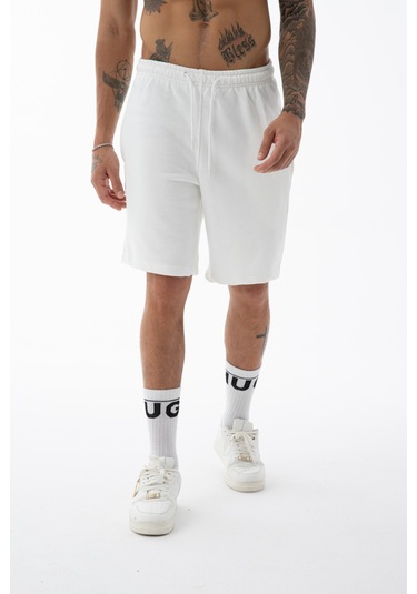 Erkek Beyaz Yüksek Kalite Relax-fit Rahat Kesim %100 Pamuk Bağcıklı Siyah Düz Basic Şort Beyaz