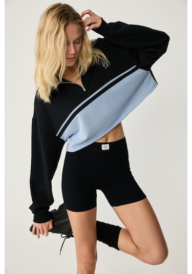 Urban Beat Mıkaela Kadın Dik Yakalı Crop Siyah Sweatshirt Siyah