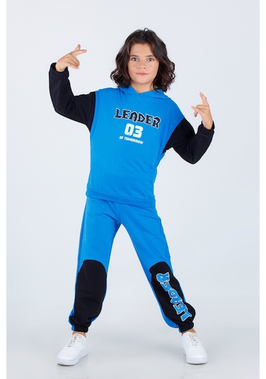 Erkek Çocuk Leader Baskılı Örme Basic Eşofman Takımı Mavi