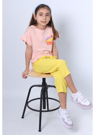Kız Çocuk İkili Takım Sırt Baskılı Püsküllü Kolları Fıfırlı F20 Pembe