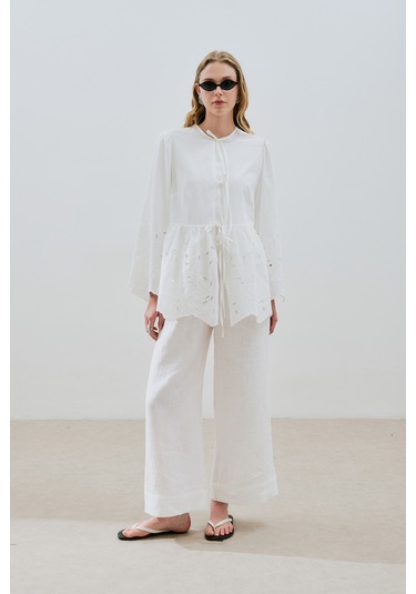 Bağlamalı Nakışlı Tunik Ekru Ekru