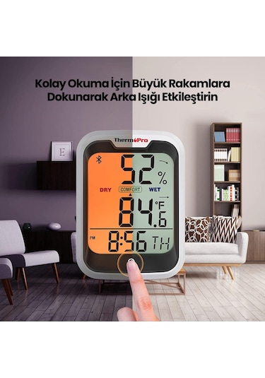 ThermoPro TP358 Telefon Kontrollü, Saatli, Takvimli, İç Mekan Sıcaklık ve Nem Ölçer Termometre