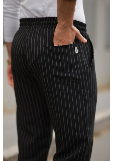 Etiler Collection Erkek Beli Bağcıklı Çizgili Pantolon Siyah